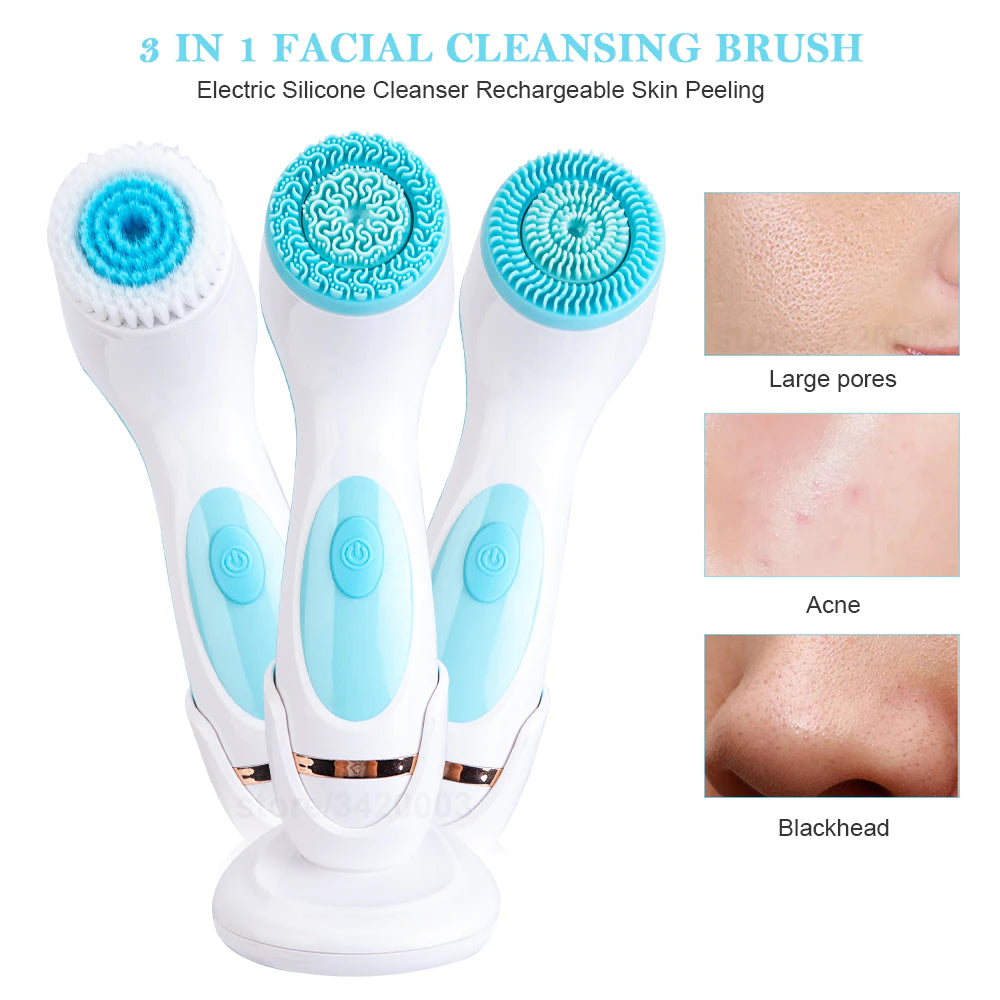 3 in 1 Electric Rotating Facial Cleansing Brush Waterproof Pore Ceaner Deep Cleaning Spin Brush Blackhead Remover Facial Massage